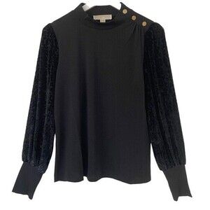 Michael Kors Black Blouse Mock Neckline Leopard Velvet Bubble Sleeves Top Medium